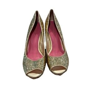 Lilly Pulitzer Gold Glitter Peep Toe Wedge Heels Size 7.5M